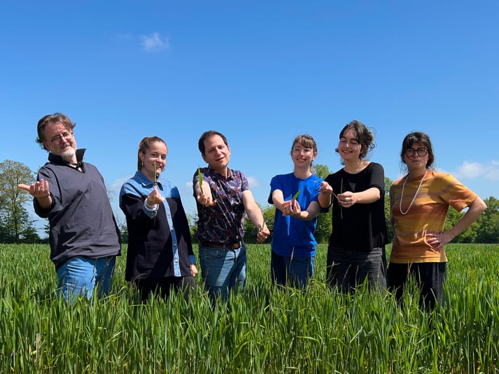 Les six membres de l'équipe "la physique autrement" debout dans un champ de blé, prenant la pose.